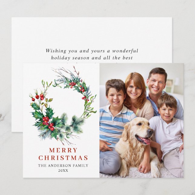Holly Berry Wreath Christmas Greeting PHOTO Holiday Card (Front/Back)