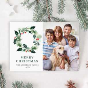 Holly Berry Wreath Christmas Greeting PHOTO Holiday Card