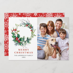 Holly Berry Wreath Christmas Greeting PHOTO Holiday Card