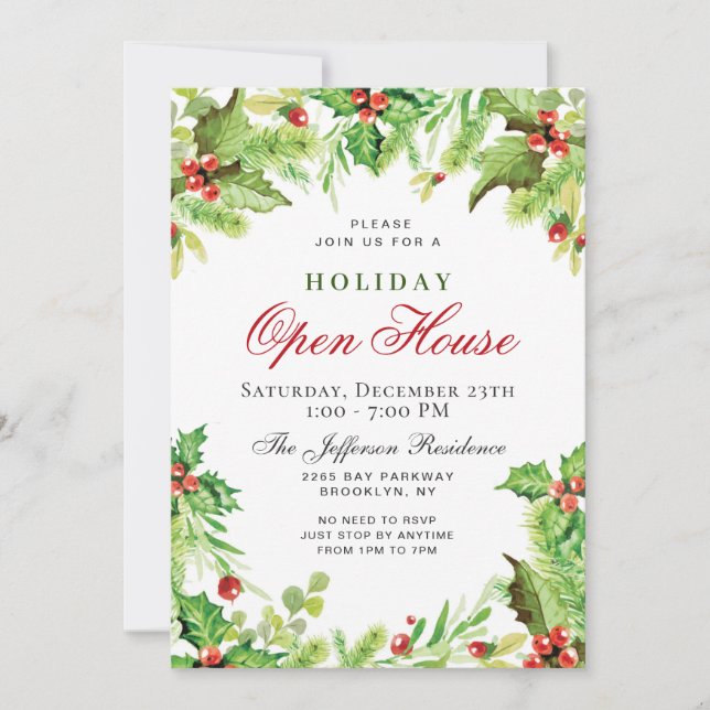Holly Berry Wreath Christmas Holiday OPEN HOUSE Invitation (Front)