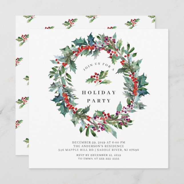 Holly Berry Wreath Christmas Holiday Party Invitation (Front/Back)