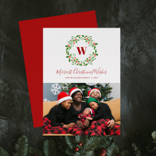 Holly Berry Wreath Monogram Holiday Photo Card