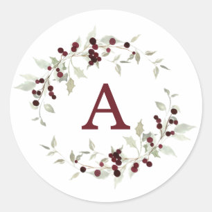 Holly Berry Wreath Monogram Letter Classic Round Sticker