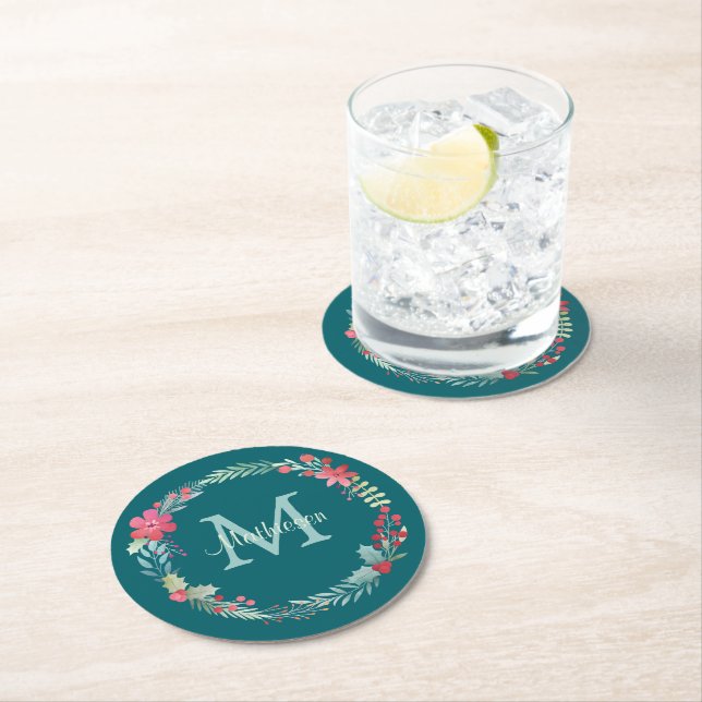 Holly Berry Wreath Monogram Round Paper Coaster (Insitu)