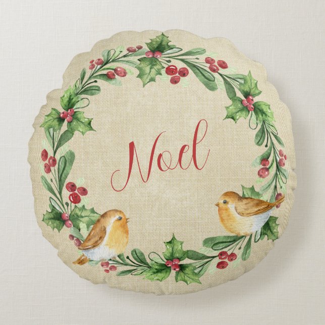  Holly Berry Wreath With Birds - Noel  Round Cushion (Front)