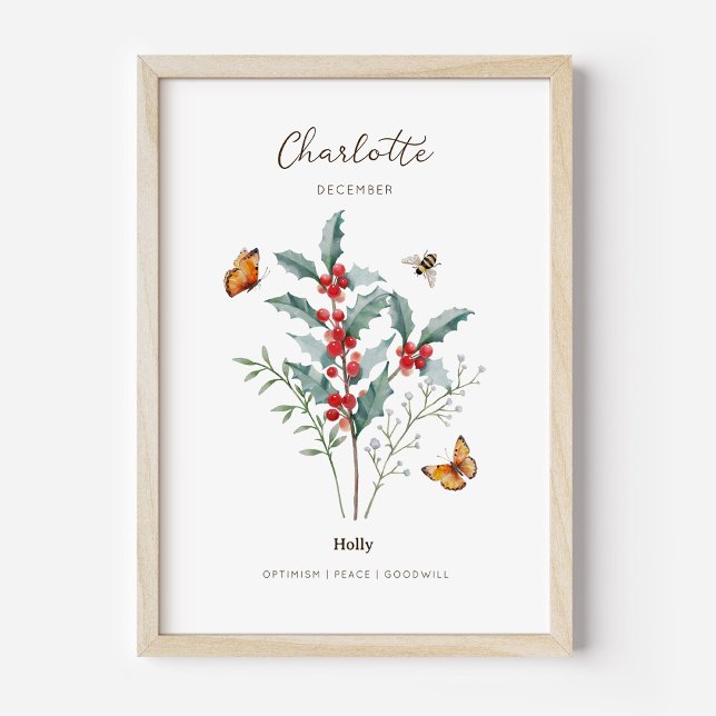 Holly Birth Month Flower Poster (Example of holly birth flower poster once framed. )