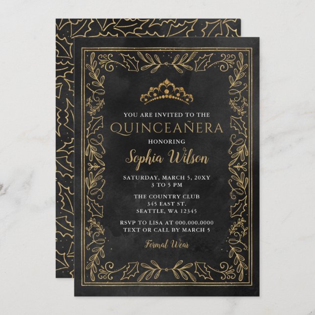 Holly Black Gold Princess Tiara Quinceañera Invitation (Front/Back)