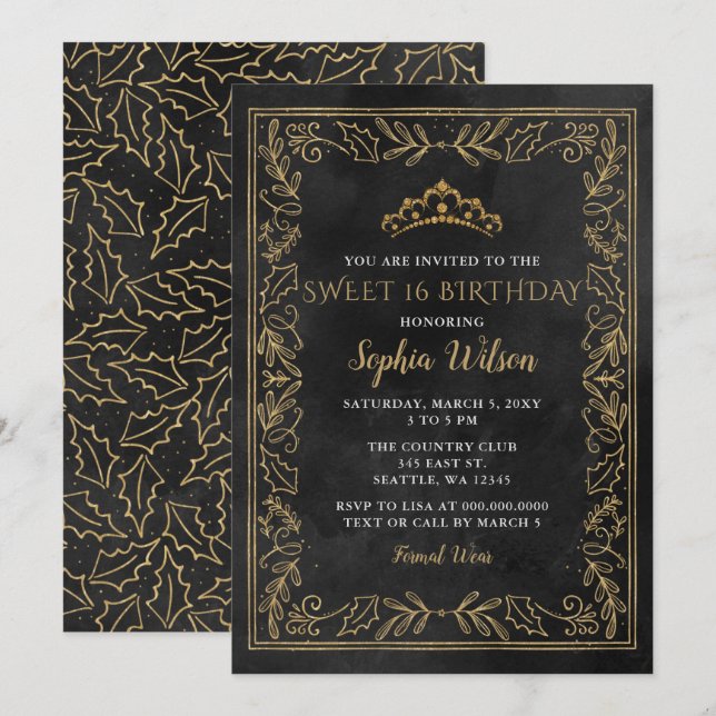 Holly Black Gold Princess Tiara Sweet 16 Birthday Invitation (Front/Back)