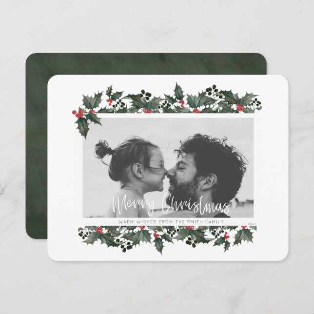Holly Border Photo Christmas Card (Front/Back)