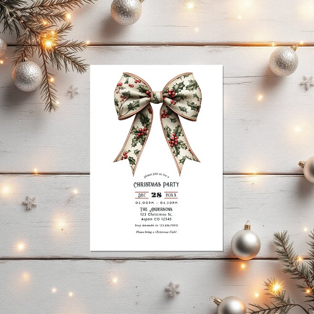 Holly Bow Holiday Christmas Party Invitation (Holly Bow Holiday Christmas Party Invitation)