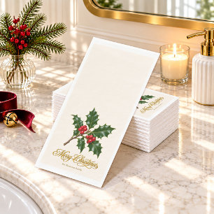 Holly Branch and Gold Merry Christmas Script Napkin