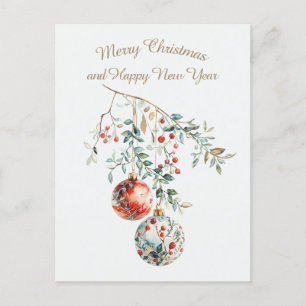 Holly Branch Christmas Ornaments Watercolor Card