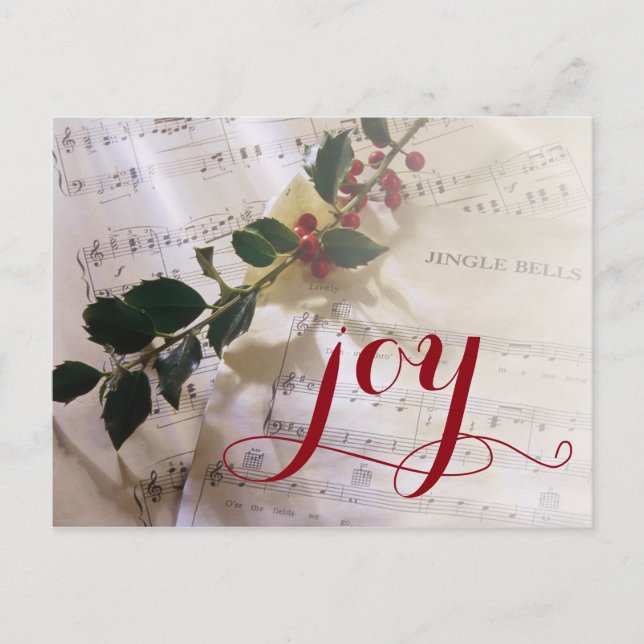 Holly branch on top of sheet music for Christmas Holiday Postcard (Front)