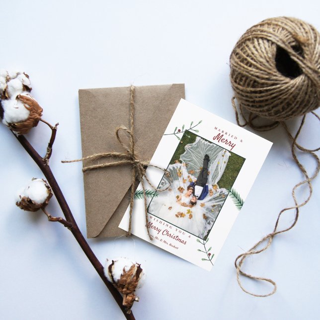 Holly Branches Newlyweds 1st Christmas Wedding Holiday Card (Creator Uploaded)