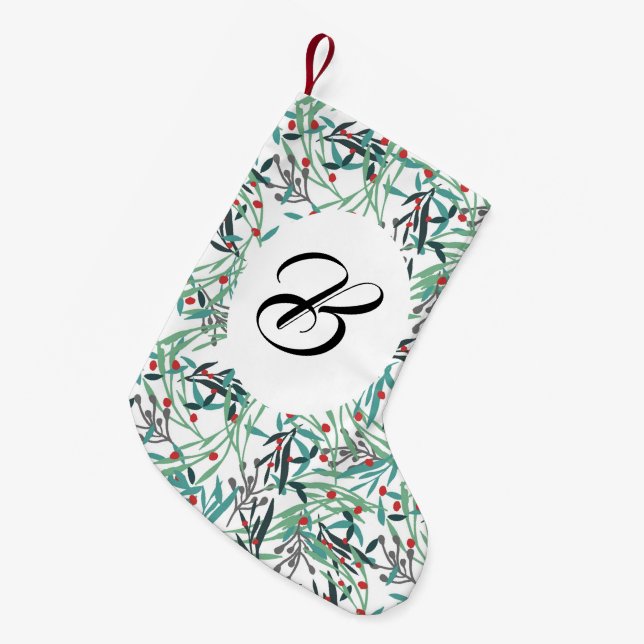 Holly branches on white. Custom with the name. Small Christmas Stocking (Front (Hanging))