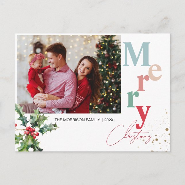 Holly Branches one family photo Christmas  Holiday Postcard (Front)