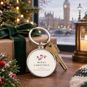Holly Cherry Merry Christmas Personalised Family Key Ring