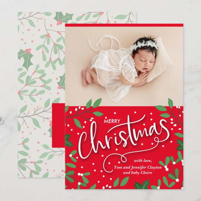 Holly Christmas Baby Photo Birth Announcements (Front/Back)