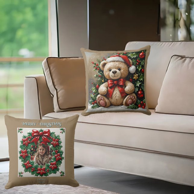 Holly Christmas Bear Throw Pillow (Creator Uploaded)