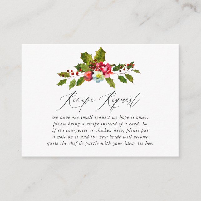 Holly Christmas Bridal Shower Recipe Request Enclosure Card (Front)