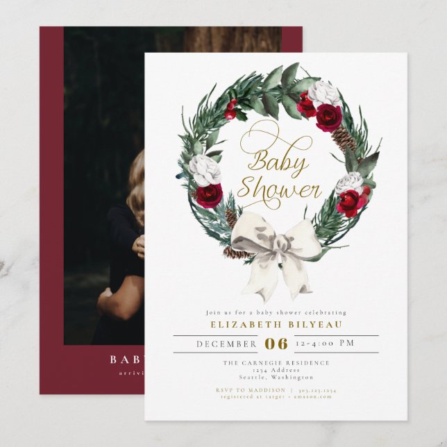 HOLLY Christmas Burgundy Floral Photo Baby Shower Invitation (Front/Back)