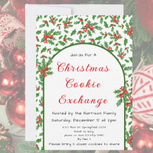 Holly Christmas Cookie Exchange Red and Green Invitation