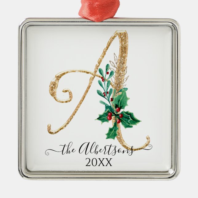 Holly Christmas Gold Glitter Monogram A Family Metal Tree Decoration (Front)