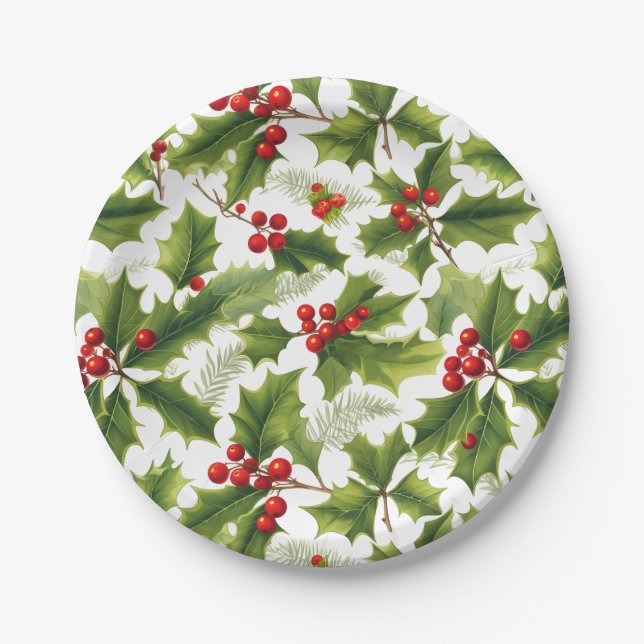 Holly Christmas Party Paper Plate Red and Green (Front)
