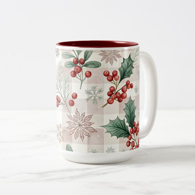 Holly Christmas Snow Watercolor Two-Tone Coffee Mug (Front Right)