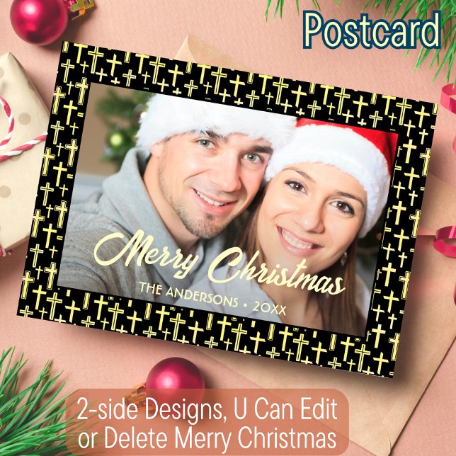 Holly Cross Family Photo Christmas Religious Faith Holiday Postcard (Creator Uploaded)