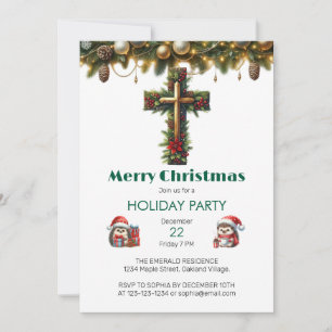 Holly Cross with Evergreen Christmas  Invitation
