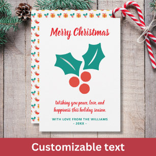 Holly Custom Text Red White Green Merry Christmas Holiday Card