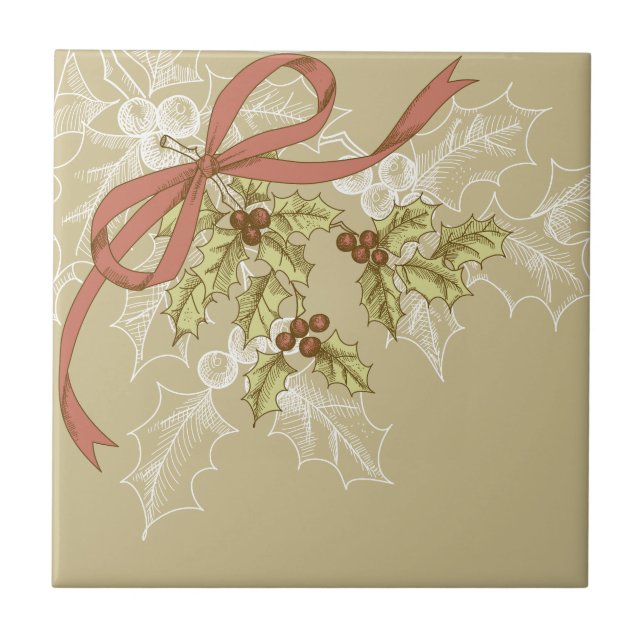 Holly-Day Sketch Holly Berries and Leaves Tile (Front)