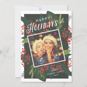 Holly Days Happy Holidays Tilted Photo Holiday Card