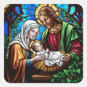 Holly family crystal stained glass image  square sticker