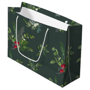 Holly, Fir and Snowflake Forest Green Large Gift Bag
