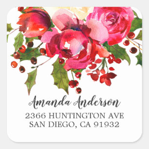 Holly Floral Bridal Shower Return Address Square Sticker