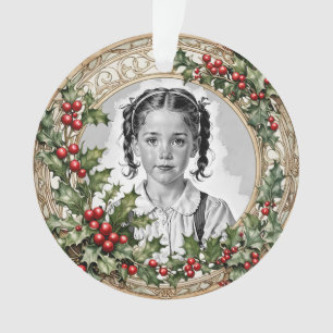 Holly Framed Custom Christmas Photo Round Acrylic Ornament
