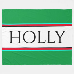 HOLLY Fun Festive Bright Green Red White Stripes Fleece Blanket