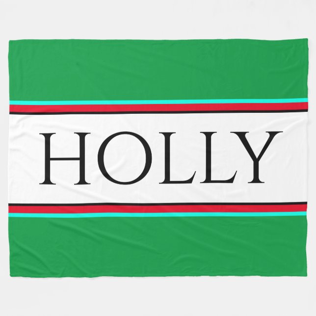 HOLLY Fun Festive Bright Green Red White Stripes Fleece Blanket (Front (Horizontal))