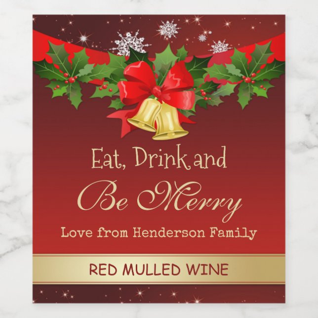 Holly, golden bells and snowflakes Christmas Wine Label (Single Label)