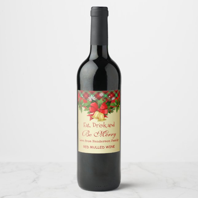 Holly, golden bells and snowflakes Christmas Wine Label (Front)