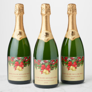 Holly, golden bells and snowflakes Christmas Wine  Sparkling Wine Label