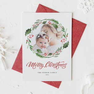 Holly Greenery Wreath Circle Photo Merry Christmas Holiday Card