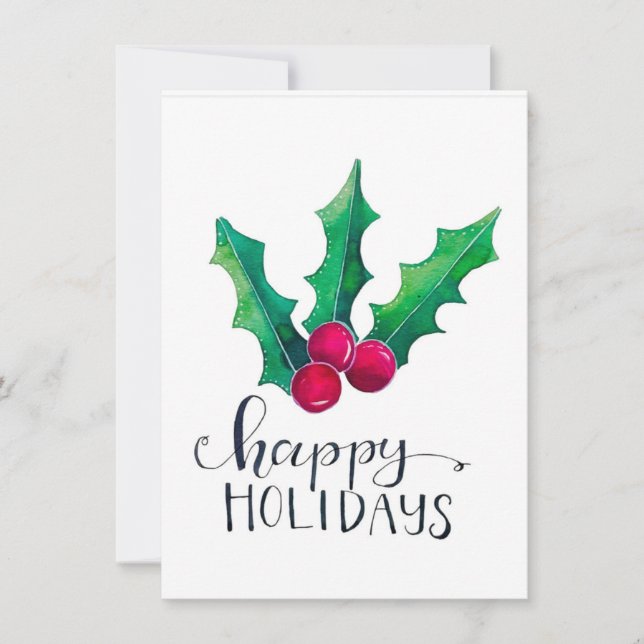 Holly - Happy Holidays Watercolor FLAT Holiday Card (Front)