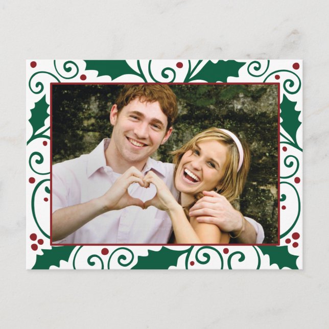 Holly Holiday Green & Red on White Photo Postcard (Front)
