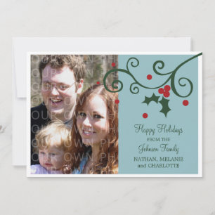 Holly Holiday Photo Flat Card, Blue Card