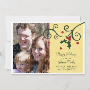 Holly Holiday Photo Flat Card, Yellow Card