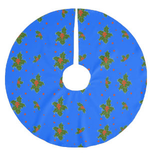 Holly (Ilex) Christmas Motif on Blue Background Brushed Polyester Tree Skirt