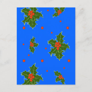 Holly (Ilex) Christmas Motif on Blue Background Postcard